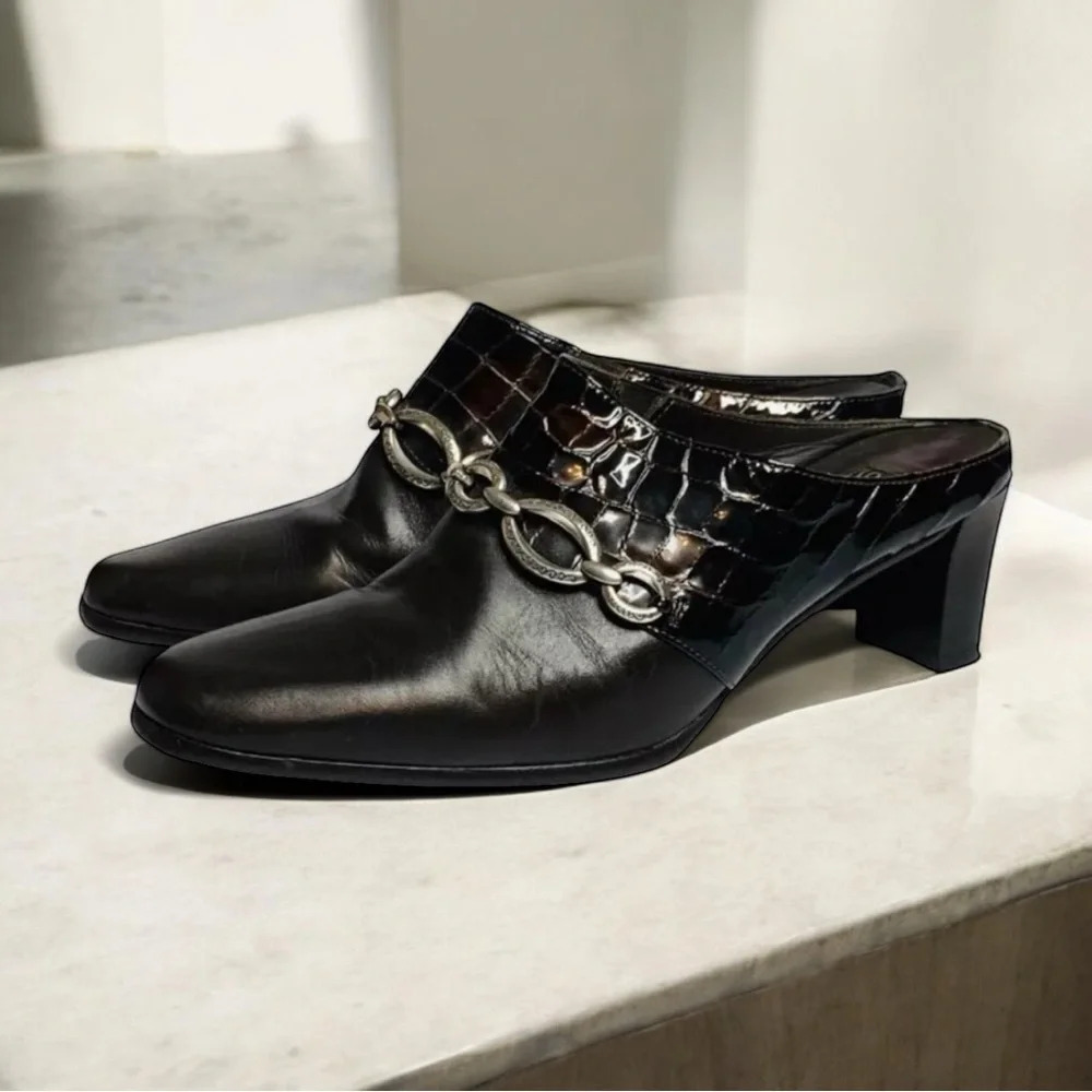 Brighton Leather Mules Heels Size 6.5 Twiggy Chain Link Croc Embossed Italy - Picture 3 of 9